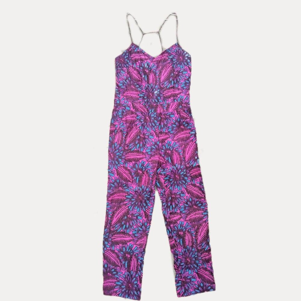 J. Crew 100% Silk Midnight Floral Jumpsuit Size 0 Strappy One Piece Purple Pink
